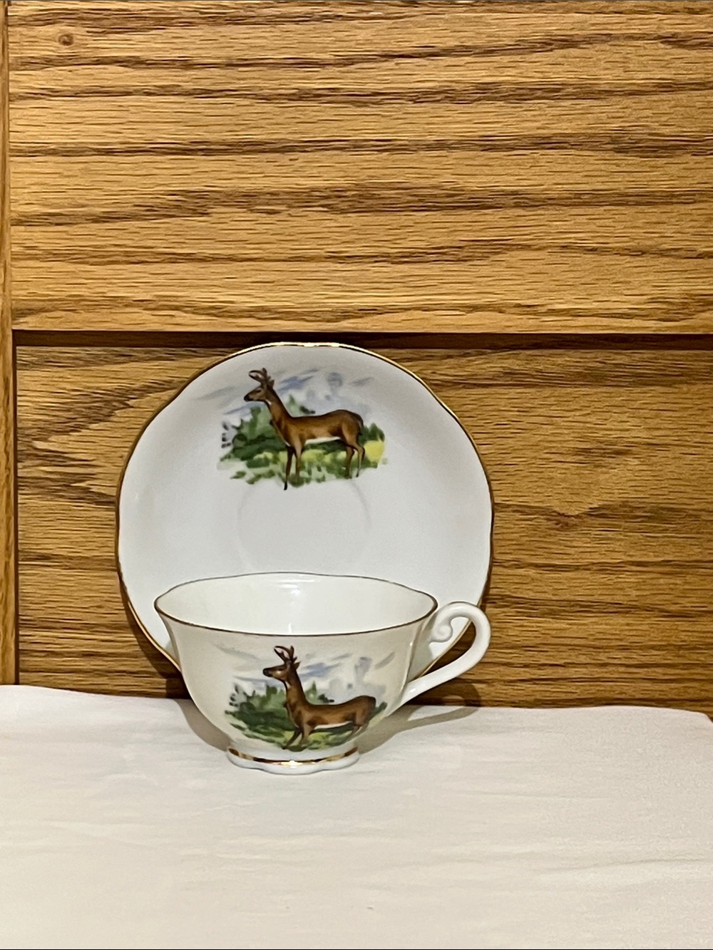 Noritake White Porcelain Teacup & Saucer with Deer Motif and Gold Trim